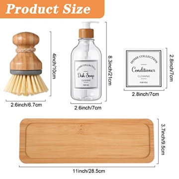 Zopeal 4 Pcs Kitchen Soap Dispenser Set 16 oz Dish Soap Dispenser with Bamboo Tray and Dish Brush Plastic Soap Dispenser Set with Waterproof Labels for Hand Soap Dish Lotion (Transparent)