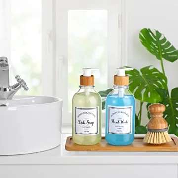Zopeal 4 Pcs Kitchen Soap Dispenser Set 16 oz Dish Soap Dispenser with Bamboo Tray and Dish Brush Plastic Soap Dispenser Set with Waterproof Labels for Hand Soap Dish Lotion (Transparent)