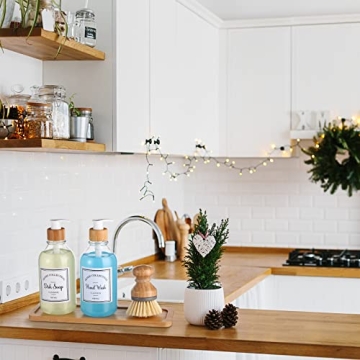 Zopeal 4 Pcs Kitchen Soap Dispenser Set 16 oz Dish Soap Dispenser with Bamboo Tray and Dish Brush Plastic Soap Dispenser Set with Waterproof Labels for Hand Soap Dish Lotion (Transparent)