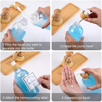 Zopeal 4 Pcs Kitchen Soap Dispenser Set 16 oz Dish Soap Dispenser with Bamboo Tray and Dish Brush Plastic Soap Dispenser Set with Waterproof Labels for Hand Soap Dish Lotion (Transparent)