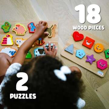 Chuckle & Roar - 2 Pack Shapes and Animals Wooden Puzzles - Fun and Educational Wooden Puzzle for Ki...