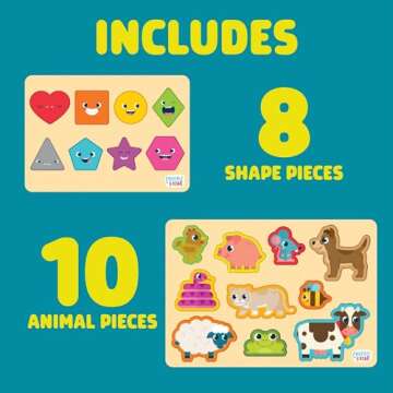 Chuckle & Roar - 2 Pack Shapes and Animals Wooden Puzzles - Fun and Educational Wooden Puzzle for Kids - Develops Fine Motor Skills - 18 Total Wooden Pieces