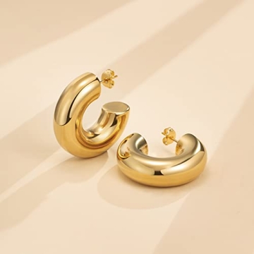 YeGieonr Chunky Gold Hoop Earrings for Women, Lightweight Stainless Steel Thick Hollow Open Hoops with 18K Real Gold Plated, Hypoallergenic Earrings Trendy Jewelry Gift
