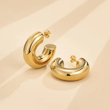 YeGieonr Chunky Gold Hoop Earrings for Women, Lightweight Stainless Steel Thick Hollow Open Hoops with 18K Real Gold Plated, Hypoallergenic Earrings Trendy Jewelry Gift