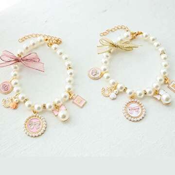 Pink Medium Dog Pearl Collars Pet Pearl Dog Princess Bow Necklace Cute Collar Puppy Accessories Cat Jewelry Pearl Neck Strap for Dog Cat (M)