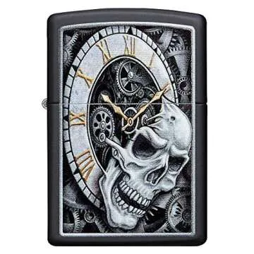 Zippo Skull Clock Design Black Matte Pocket Lighter