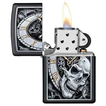 Zippo Skull Clock Design Black Matte Pocket Lighter