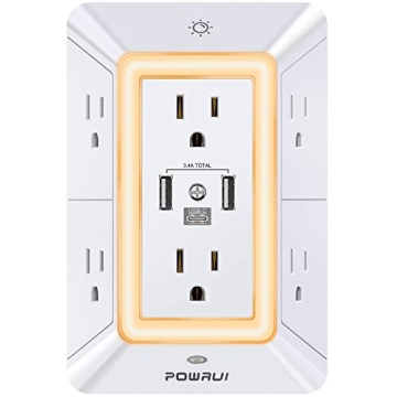 POWRUI 6 Outlet Surge Protector with USB C and Night Light