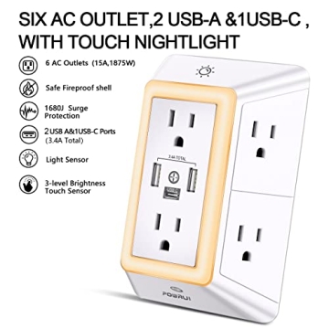 POWRUI 6 Outlet Surge Protector with USB C and Night Light