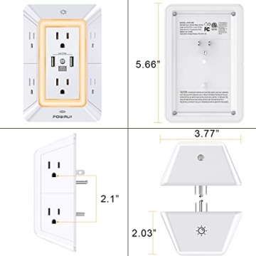 POWRUI 6 Outlet Surge Protector with USB C and Night Light