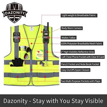 Dazonity High Visibility Safety Vest with Multi Pockets and Zipper, XL,Reflective Strips, Fit for Men & Women, Work, Construction,Cycling, Runnning, Surveyor, Volunteer (Yellow-XL)