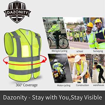 Dazonity High Visibility Safety Vest with Multi Pockets and Zipper, XL,Reflective Strips, Fit for Men & Women, Work, Construction,Cycling, Runnning, Surveyor, Volunteer (Yellow-XL)