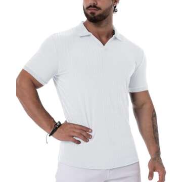 Askdeer Men's Muscle Polo Shirts V Neck Slim Fit Ribbed T Shirt Short Sleeve Golf Collar Shirt Knit Casual Tee White