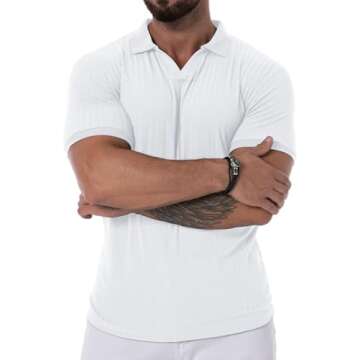 Askdeer Men's Muscle Polo Shirts V Neck Slim Fit Ribbed T Shirt Short Sleeve Golf Collar Shirt Knit Casual Tee White