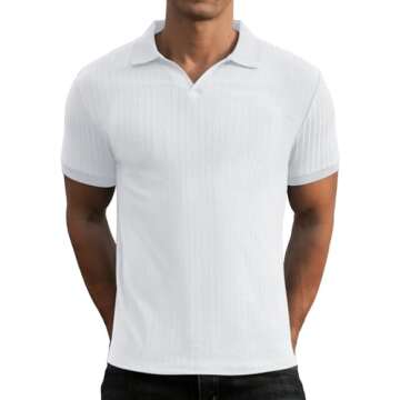 Askdeer Men's Muscle Polo Shirts V Neck Slim Fit Ribbed T Shirt Short Sleeve Golf Collar Shirt Knit Casual Tee White
