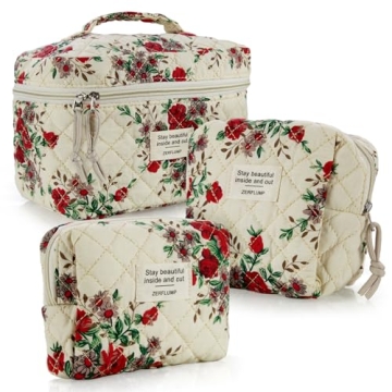 ZERFLUMP Cute Quilted Floral Makeup Bag(3Pcs)，Coquette Aesthetic Cosmetic Bag，Travel Toiletry Ba...