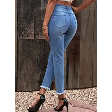 Sidefeel Women's Boyfriend Jeans Loose Zimbaplatinum Stretchy Ripped Distressed Denim Pants Size 12 Sky Blue