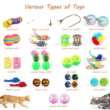 Oziral Cat Toys Set 32 PCS Kitten Toys Assortments Including 2 Way Rainbow Tunnel Cat Feather Teaser Wand Sisal Mice Bell Balls Crinkle Balls Interactive Cat Toys for Indoor Cats Kitten