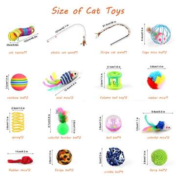 Oziral Cat Toys Set 32 PCS Kitten Toys Assortments Including 2 Way Rainbow Tunnel Cat Feather Teaser Wand Sisal Mice Bell Balls Crinkle Balls Interactive Cat Toys for Indoor Cats Kitten