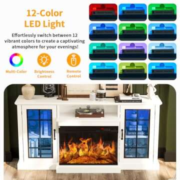 Breezestival 59" Fireplace TV Stand with 3-Side Glass Electric Fireplace for TVs up to 65", Rustic Media Entertainment Center with LED Lights for Living Room, White