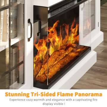 Breezestival 59" Fireplace TV Stand with 3-Side Glass Electric Fireplace for TVs up to 65", Rustic Media Entertainment Center with LED Lights for Living Room, White