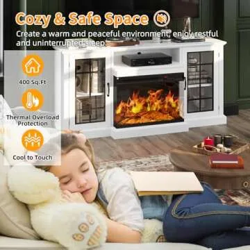 Breezestival 59" Fireplace TV Stand with 3-Side Glass Electric Fireplace for TVs up to 65", Rustic Media Entertainment Center with LED Lights for Living Room, White