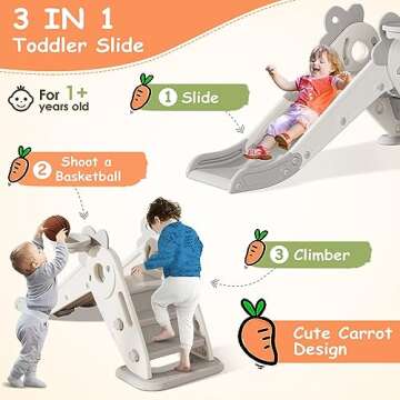BIERUM Toddler Slide, 3 in 1 Indoor Foldable Kids Slide for Toddlers Age 1-2, Carrot Theme Freestanding Slide, Baby Play Slide, Indoor and Outdoor Playground, Baby Playset with Basketball Hoop White