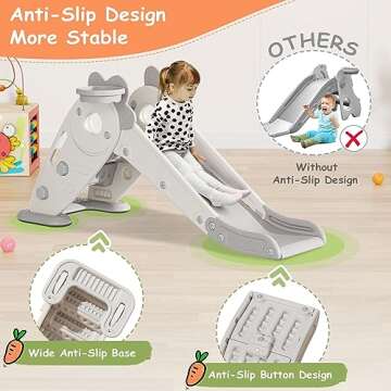 BIERUM Toddler Slide, 3 in 1 Indoor Foldable Kids Slide for Toddlers Age 1-2, Carrot Theme Freestanding Slide, Baby Play Slide, Indoor and Outdoor Playground, Baby Playset with Basketball Hoop White