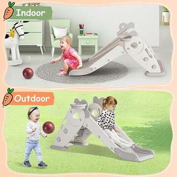 BIERUM Toddler Slide, 3 in 1 Indoor Foldable Kids Slide for Toddlers Age 1-2, Carrot Theme Freestanding Slide, Baby Play Slide, Indoor and Outdoor Playground, Baby Playset with Basketball Hoop White