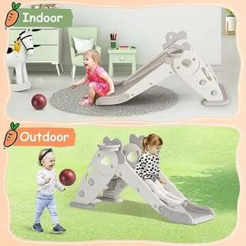 BIERUM Toddler Slide, 3 in 1 Indoor Foldable Kids Slide for Toddlers Age 1-2, Carrot Theme Freestanding Slide, Baby Play Slide, Indoor and Outdoor Playground, Baby Playset with Basketball Hoop White