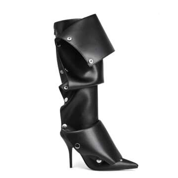 Arqa Womens Stiletto Heel Knee High Boots Pointed Toe Applique Denim Boot with Zipper Silver Buttons...