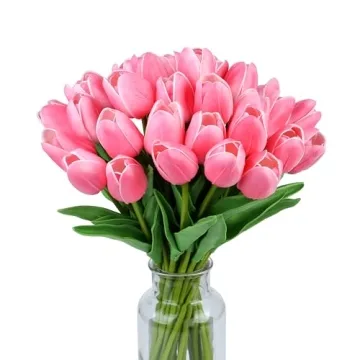 SITUMEIZI 15pcs Fake Tulips Artificial Flowers Real Touch Pink 14" Silk Flower for Home Kitchen Deco...