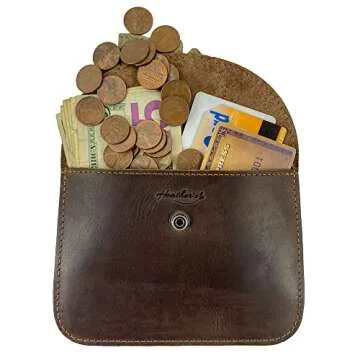 Heather's, Leaf Card Wallet Pouch Handmade from Full Grain Leather, Soft Coin & Cash Organizer, Cable Holder, Phone & Accessories Case - Bourbon Brown