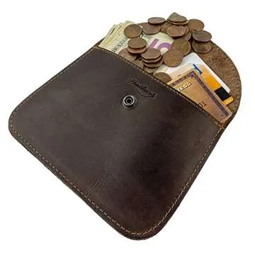 Heather's, Leaf Card Wallet Pouch Handmade from Full Grain Leather, Soft Coin & Cash Organizer, Cable Holder, Phone & Accessories Case - Bourbon Brown