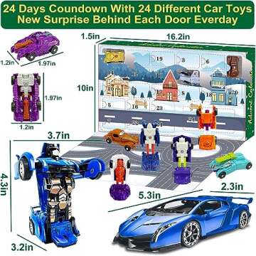 AMENON 24 Pcs Transform Car Robot Toys Christmas Advent Calendar 2024 for Kids Boys, 24 Days Countdown Calendar Large Car Automatic Deformation + 23 Vehicles Xmas Stocking Stuffers Gifts Party Favors