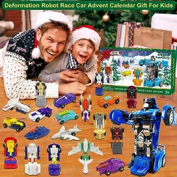 AMENON 24 Pcs Transform Car Robot Toys Christmas Advent Calendar 2024 for Kids Boys, 24 Days Countdown Calendar Large Car Automatic Deformation + 23 Vehicles Xmas Stocking Stuffers Gifts Party Favors