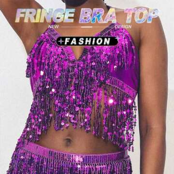 Victray Women Sparkly Sequin Bra Tops Dance Bikini Bra Fringe Crop Top Party Club Wear Costume (Purple)