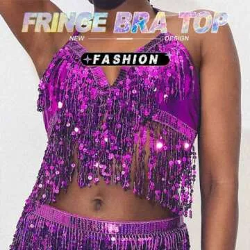 Victray Women Sparkly Sequin Bra Tops Dance Bikini Bra Fringe Crop Top Party Club Wear Costume (Purple)