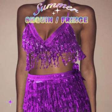 Victray Women Sparkly Sequin Bra Tops Dance Bikini Bra Fringe Crop Top Party Club Wear Costume (Purple)