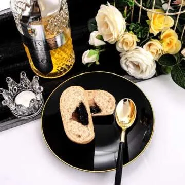 Nervure 100 Pieces Black Plastic Plates - 7.5inch Black Dessert Plates - Disposable Gold Plastic Plates - Black Disposable Plates Ideal for Wedding & Parties & Salad & New Year