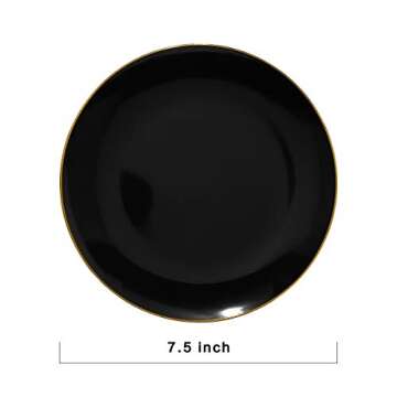 Nervure 100 Pieces Black Plastic Plates - 7.5inch Black Dessert Plates - Disposable Gold Plastic Plates - Black Disposable Plates Ideal for Wedding & Parties & Salad & New Year
