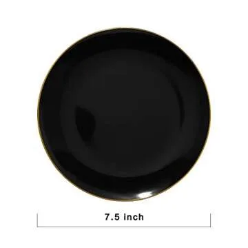 Nervure 100 Pieces Black Plastic Plates - 7.5inch Black Dessert Plates - Disposable Gold Plastic Plates - Black Disposable Plates Ideal for Wedding & Parties & Salad & New Year