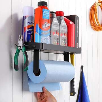 YIGII Garage Paper Towel Holder with Shelf - Wall Mount Paper Towel Holder with 4 Hooks, Single-Hand Tear Paper Towel Rack Heavy Duty Tissue Holder for Clean Station, Craft Room, Workbench (Black)