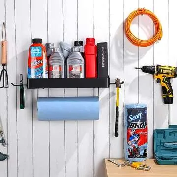 YIGII Garage Paper Towel Holder with Shelf - Wall Mount Paper Towel Holder with 4 Hooks, Single-Hand Tear Paper Towel Rack Heavy Duty Tissue Holder for Clean Station, Craft Room, Workbench (Black)