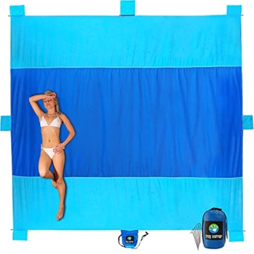 10' X 9' - Our Sandless Beach Mat is Oversized and is a Great Blanket Under Your Beach Chairs - Compact and Lightweight - 6 Sand Anchor Pockets and Metal Stakes Plus Zippered Valuables Pocket