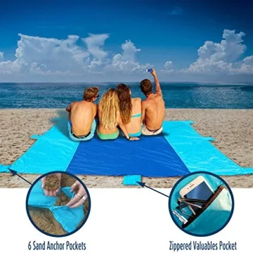 10' X 9' - Our Sandless Beach Mat is Oversized and is a Great Blanket Under Your Beach Chairs - Compact and Lightweight - 6 Sand Anchor Pockets and Metal Stakes Plus Zippered Valuables Pocket