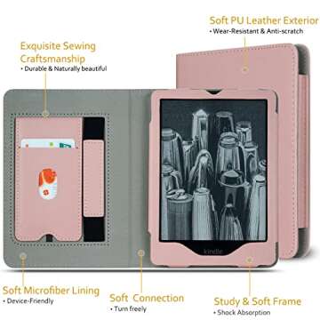 RSAquar New Kindle Paperwhite Case for 11th Generation eReader, 6.8” 2021 Edition, Premium PU Leather Cover with Auto Sleep Wake, Hand Strap, Card Slot, and Foldable Stand, Rose Gold