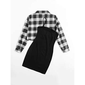 SweatyRocks Women's Plaid 2 Piece Outfits Button Down Crop Blouse Top and Cami Dress Set Black White M