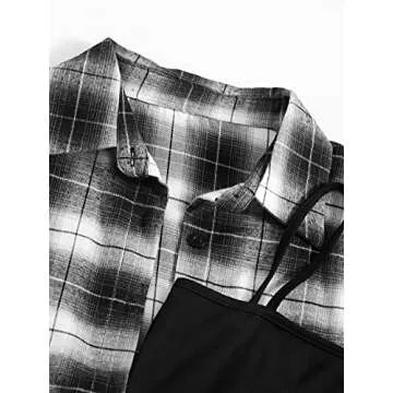 SweatyRocks Women's Plaid 2 Piece Outfits Button Down Crop Blouse Top and Cami Dress Set Black White M
