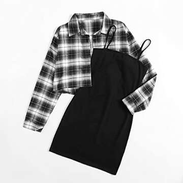 SweatyRocks Women's Plaid 2 Piece Outfits Button Down Crop Blouse Top and Cami Dress Set Black White M